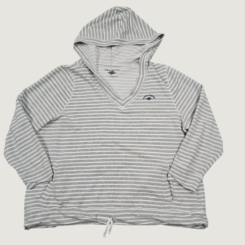 Disney Cruise Line Hoodie Women 1X Grey Striped V-Neck Pullover Nautical Coastal